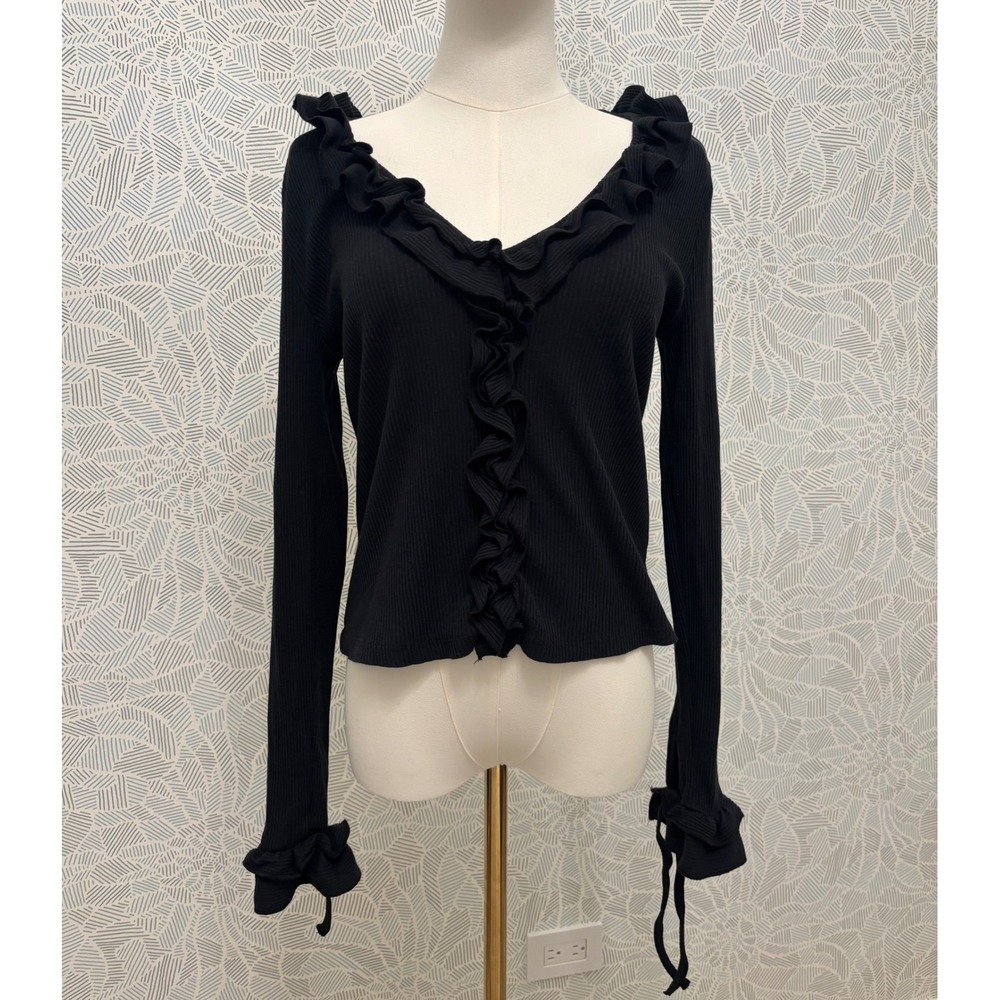 Maeve by Anthropologie Black Ribbed Romantic Ruffle V-Neck Tie Cuff Top Medium